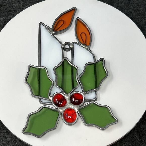 Vintage Stained Glass Christmas Candle Holly Suncatcher Festive Hanging Decor - Picture 1 of 4